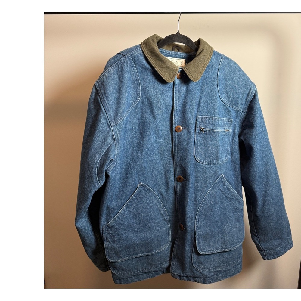 Vintage LL Bean Mens Denim Field Coat Plaid Wool Lined Barn Jacket Made in USA L
